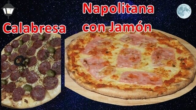 Pizza chica Calabresa y pizza grande Napolitana con Jamón